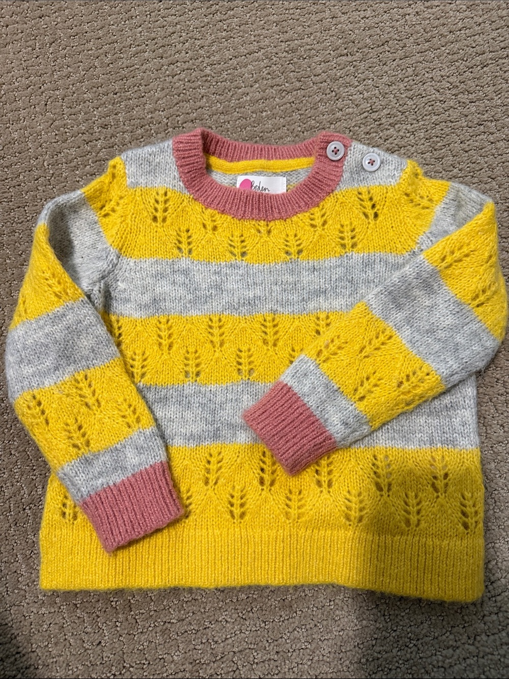 Boden Yellow, Gray & Pink Striped Crewneck Sweater